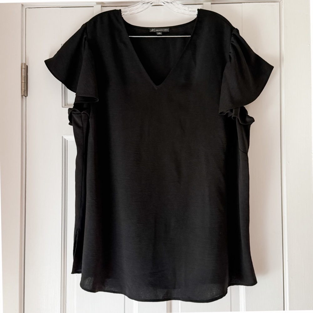 Adrianna Papell Black V-Neck Flutter Sleeve Blouse 2x